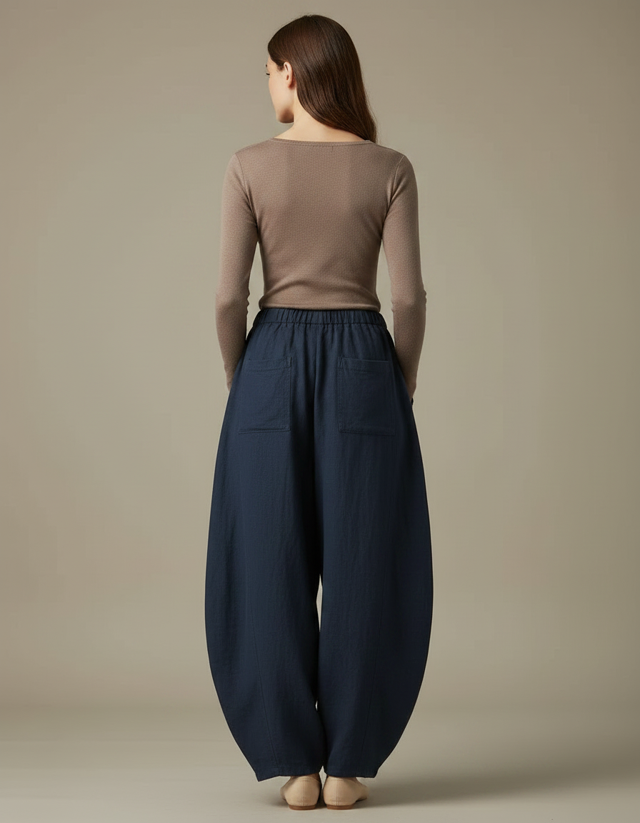 Pantalon Fluide Bleu Marine Ample Lin Coton Femme - vue 2