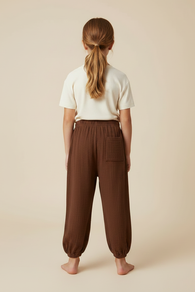 Pantalon Fluide Marron Côtelé Harem Ample Coton Enfant - vue 2