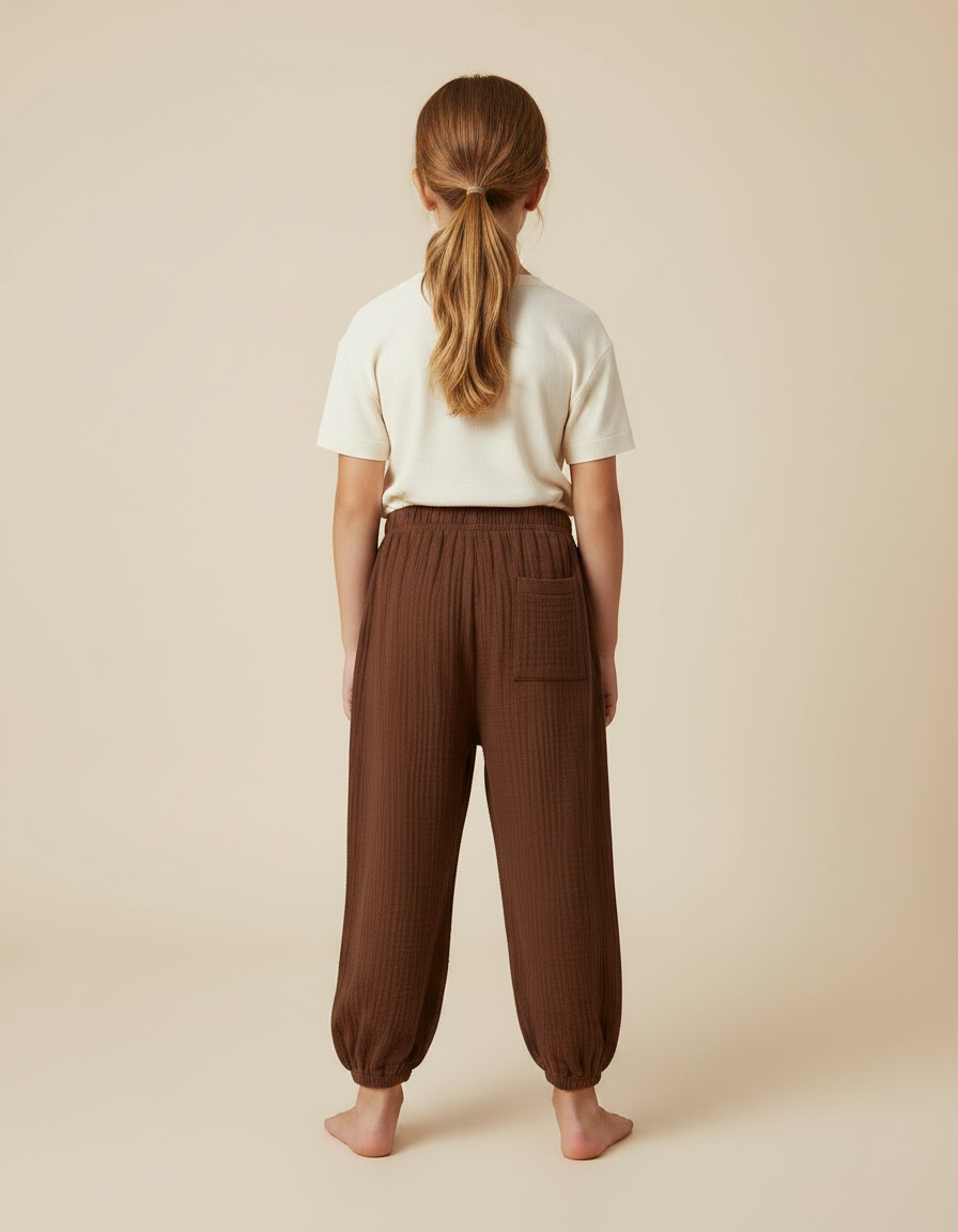 Pantalon Fluide Marron Côtelé Harem Ample Coton Enfant - vue 2