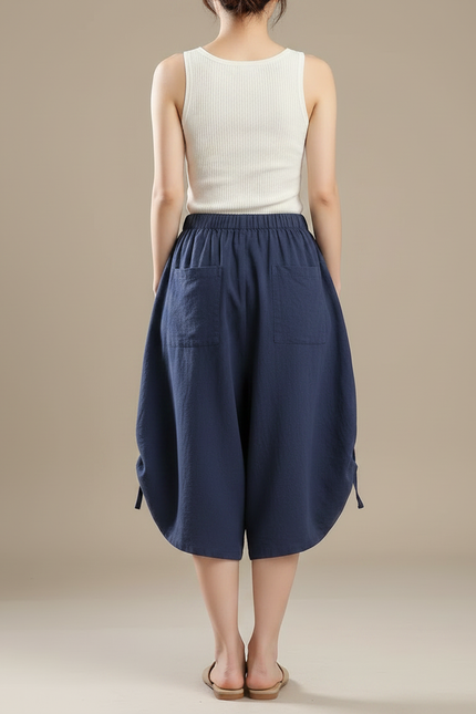 Pantalon Fluide Bleu Coton Ample Taille Haute - Marine Lin - vue 2