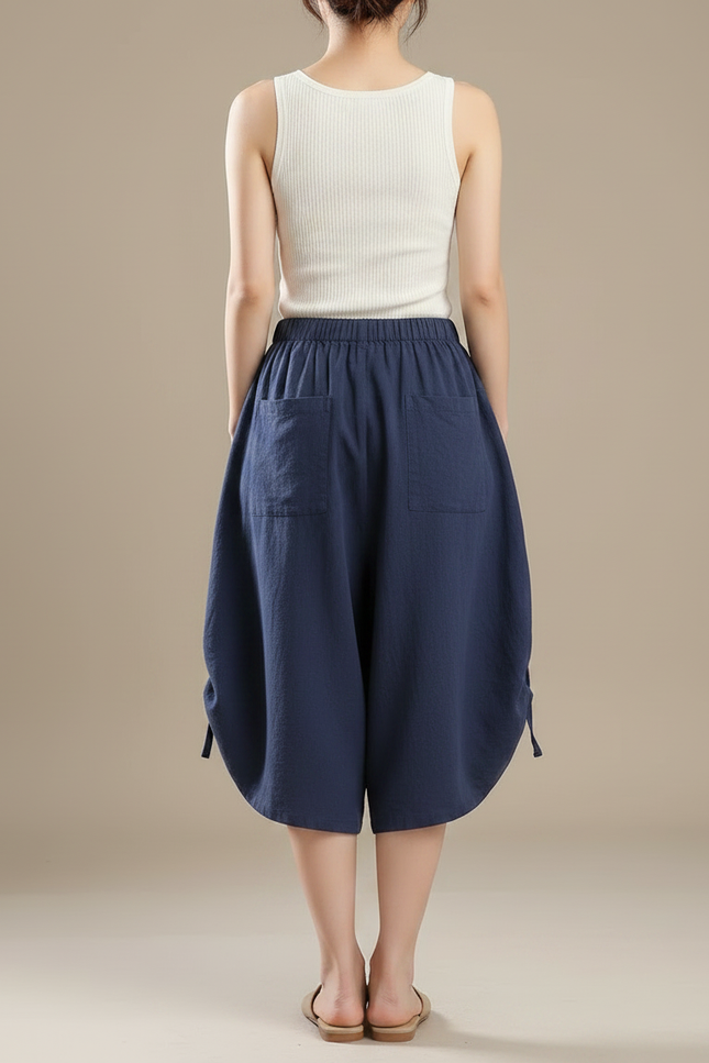 Pantalon Fluide Bleu Coton Ample Taille Haute - Marine Lin - vue 2