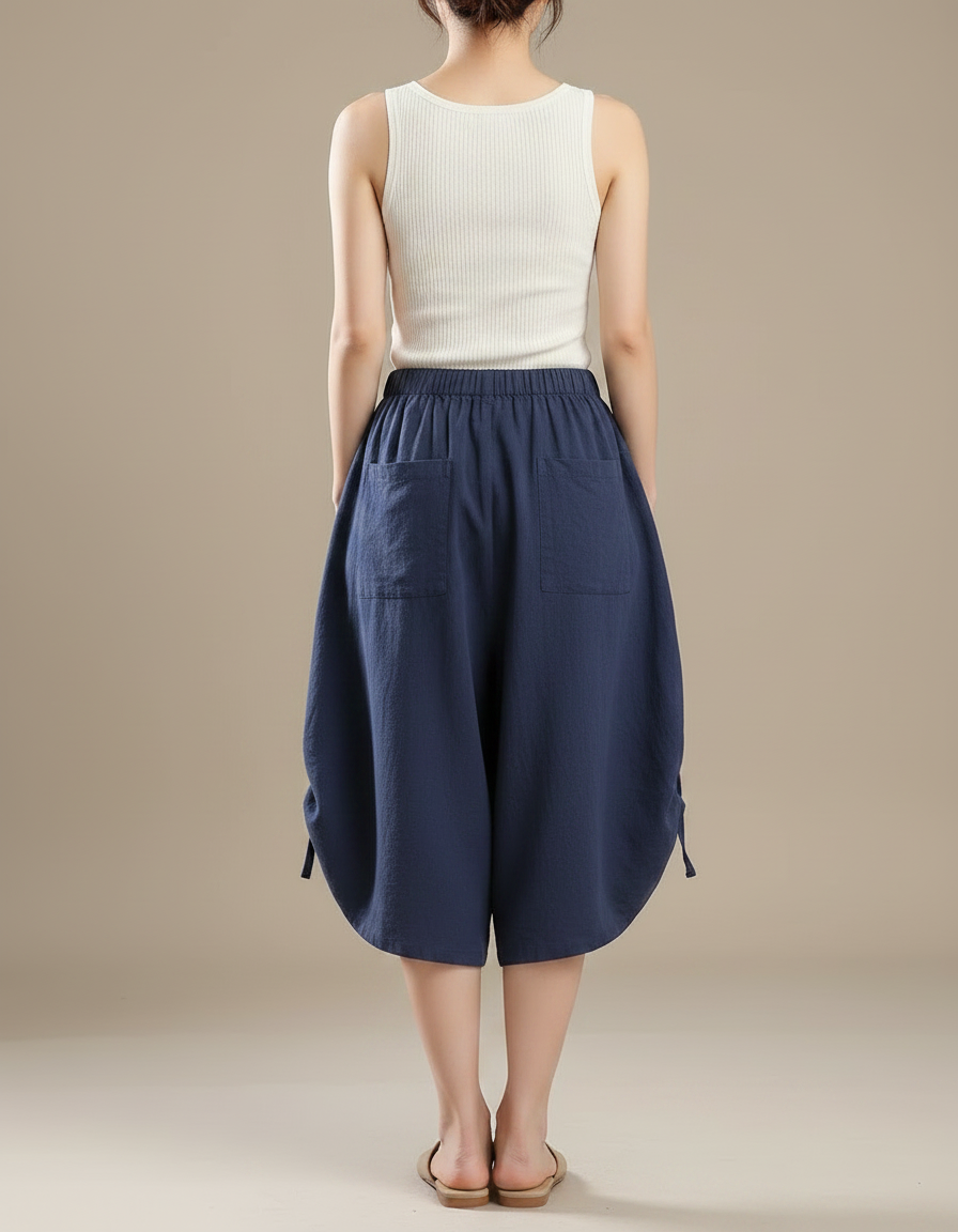 Pantalon Fluide Bleu Coton Ample Taille Haute - Marine Lin - vue 2