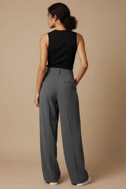 Pantalon Fluide Gris Ample Plissé Taille Haute Élégant - Polyester - vue 2