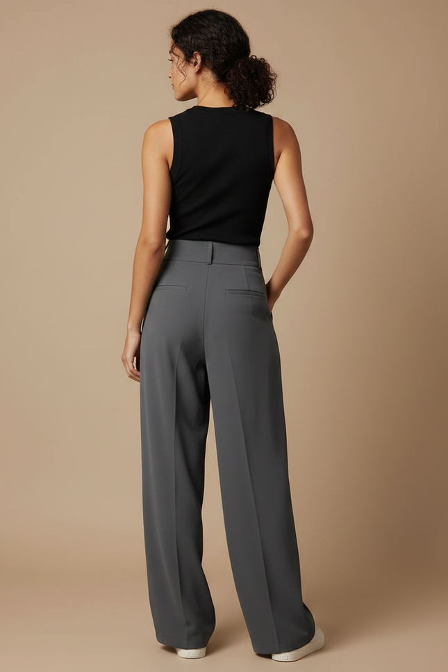 Pantalon Fluide Gris Ample Plissé Taille Haute Élégant - Polyester - vue 2