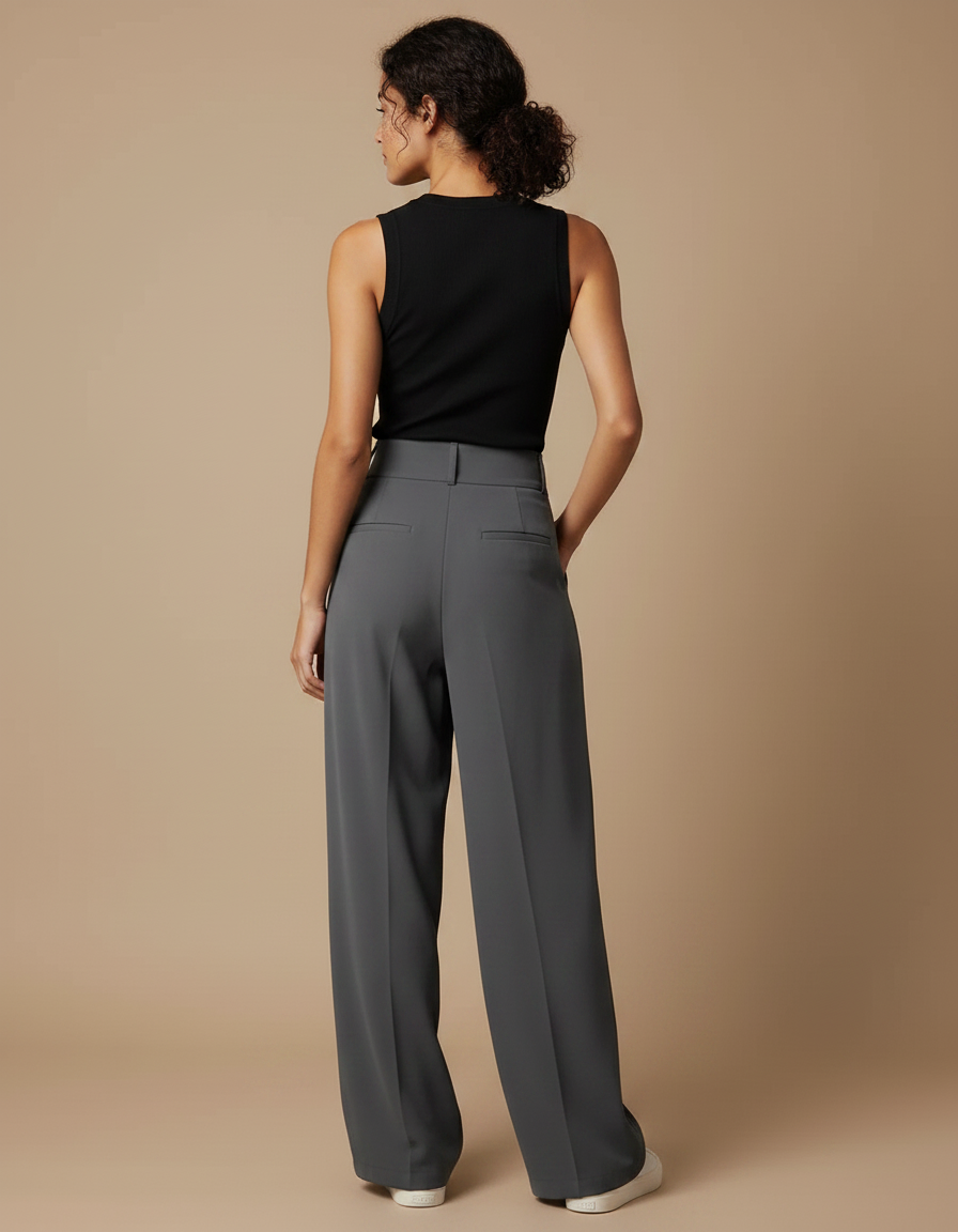 Pantalon Fluide Gris Ample Plissé Taille Haute Élégant - Polyester - vue 2