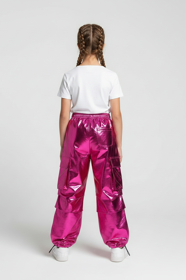 Pantalon Fluide Cargo Rose Métallique Brillant Enfant - Polyester - vue 2