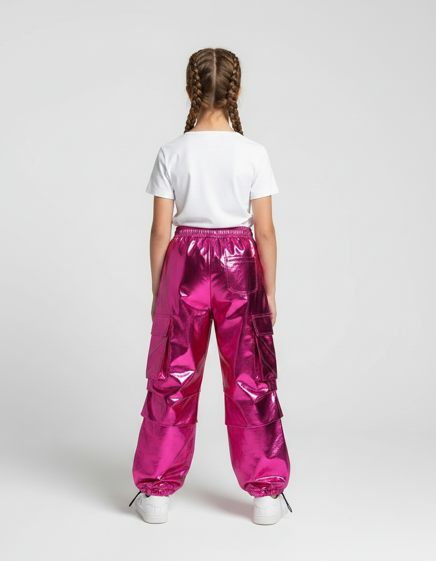 Pantalon Fluide Cargo Rose Métallique Brillant Enfant - Polyester - vue 2