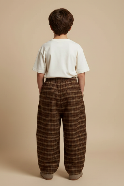 Pantalon Fluide Marron Carreaux Ample Épais Garçon - Tweed - vue 2