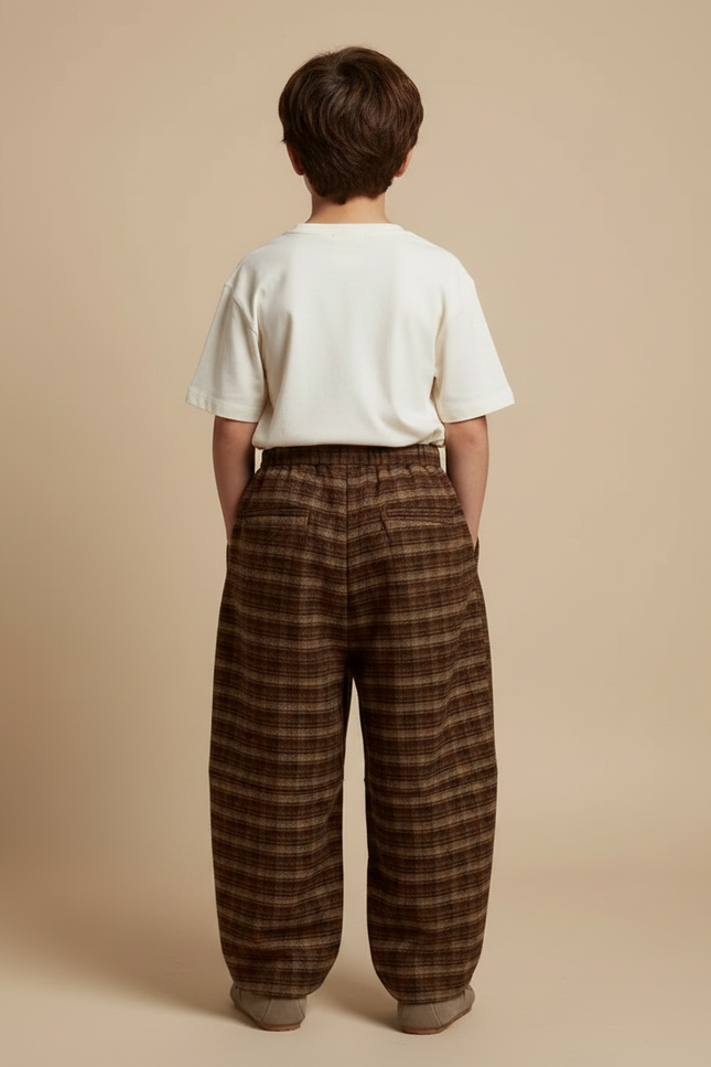 Pantalon Fluide Marron Carreaux Ample Épais Garçon - Tweed - vue 2
