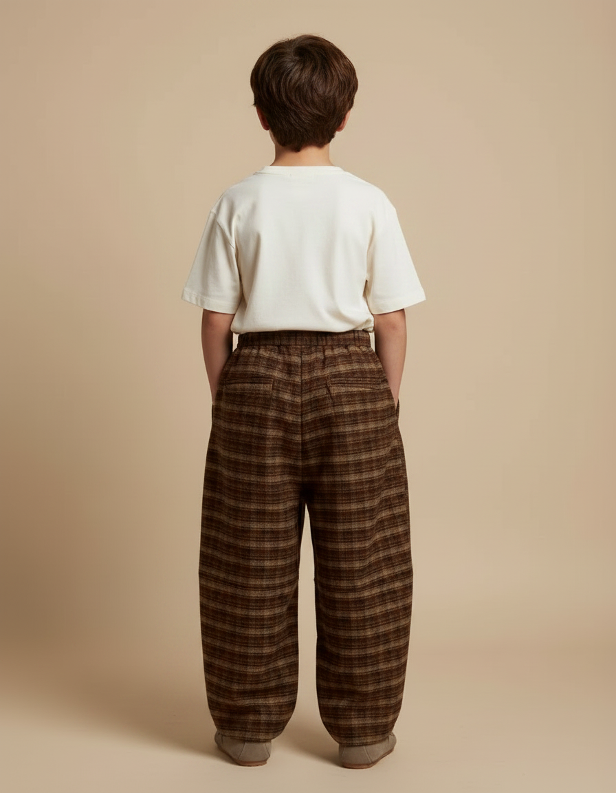 Pantalon Fluide Marron Carreaux Ample Épais Garçon - Tweed - vue 2