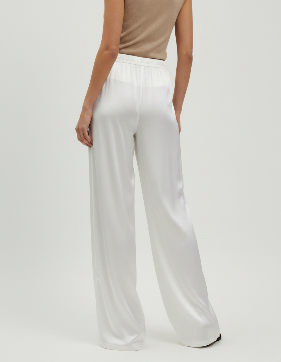 Pantalon Fluide Blanc Satiné Ample Décontracté Élégant - vue 2