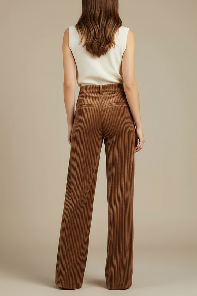 Pantalon Fluide Marron Côtelé Ample Taille Haute Élégant - Cordé - vue 2