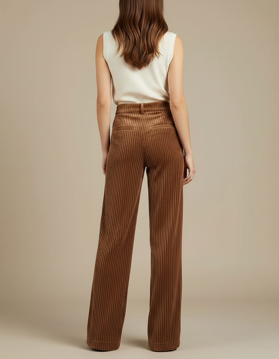 Pantalon Fluide Marron Côtelé Ample Taille Haute Élégant - Cordé - vue 2