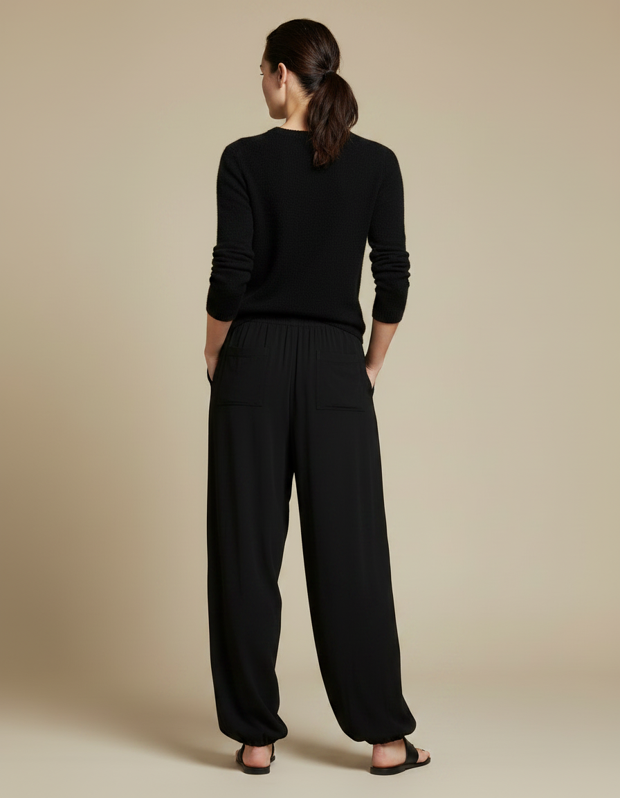Pantalon Fluide Noir Ample Imprimé Paon Bohème Chic - Viscose - vue 2