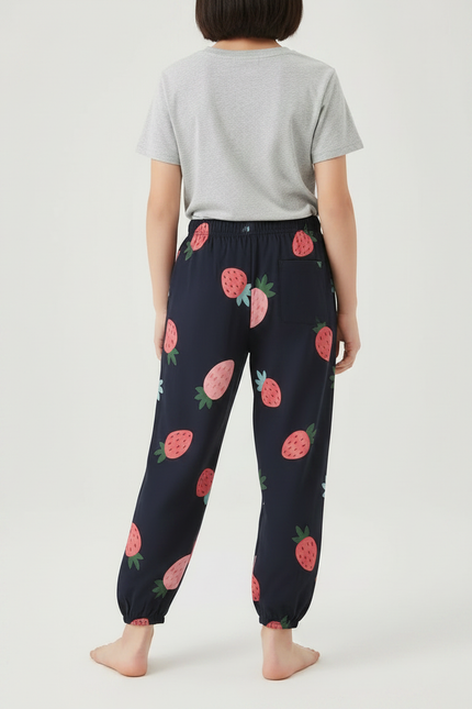 Pantalon Fluide Bleu Marine Fraises Enfant Coton - vue 2