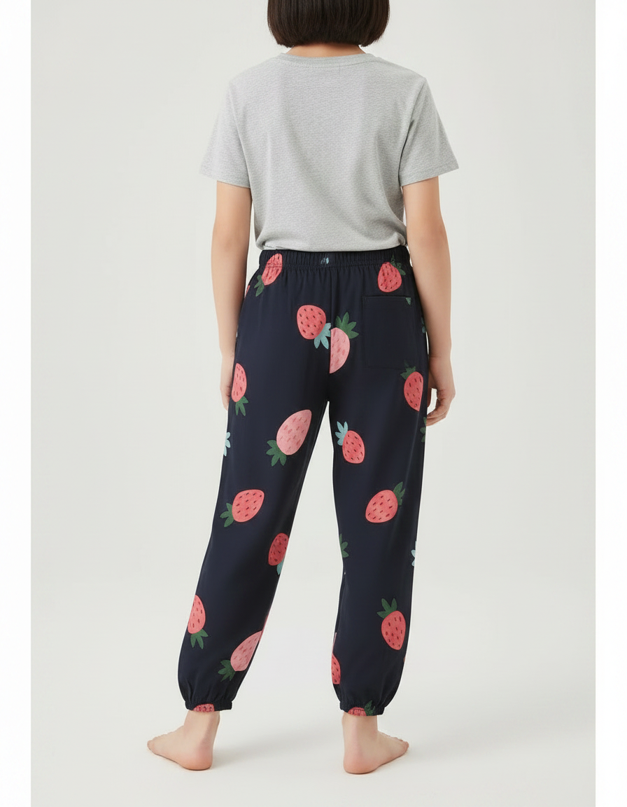 Pantalon Fluide Bleu Marine Fraises Enfant Coton - vue 2