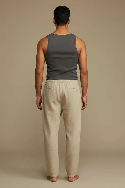 Pantalon Fluide Beige Coton Lin Décontracté Homme - vue 2