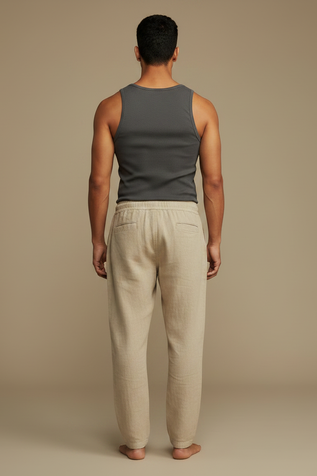 Pantalon Fluide Beige Coton Lin Décontracté Homme - vue 2