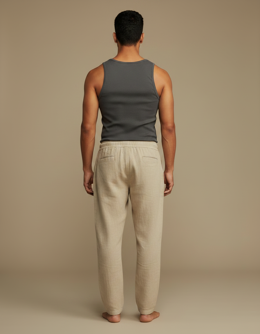 Pantalon Fluide Beige Coton Lin Décontracté Homme - vue 2