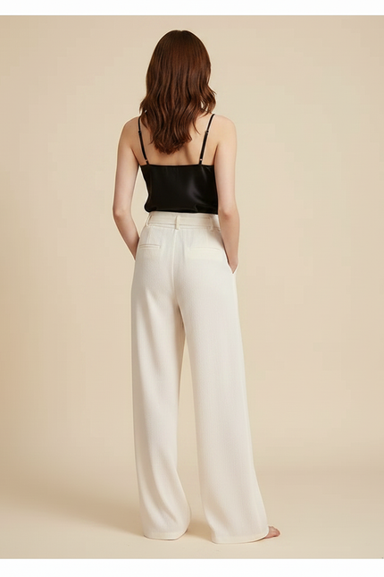 Pantalon Fluide Écru Ample Ceinturé Élégant Femme - Beige Viscose - vue 2