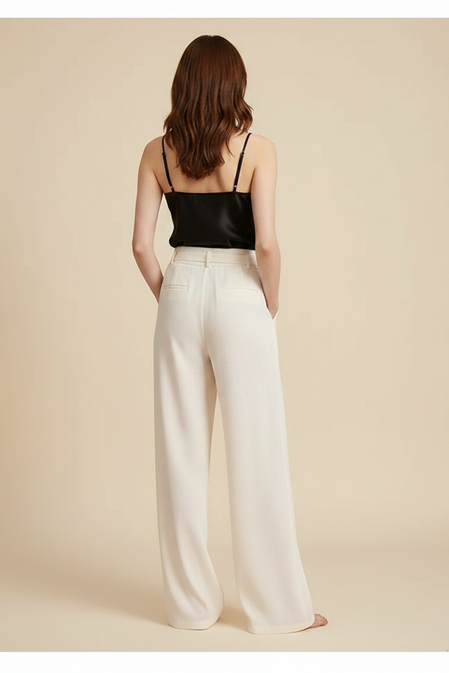 Pantalon Fluide Écru Ample Ceinturé Élégant Femme - Beige Viscose - vue 2