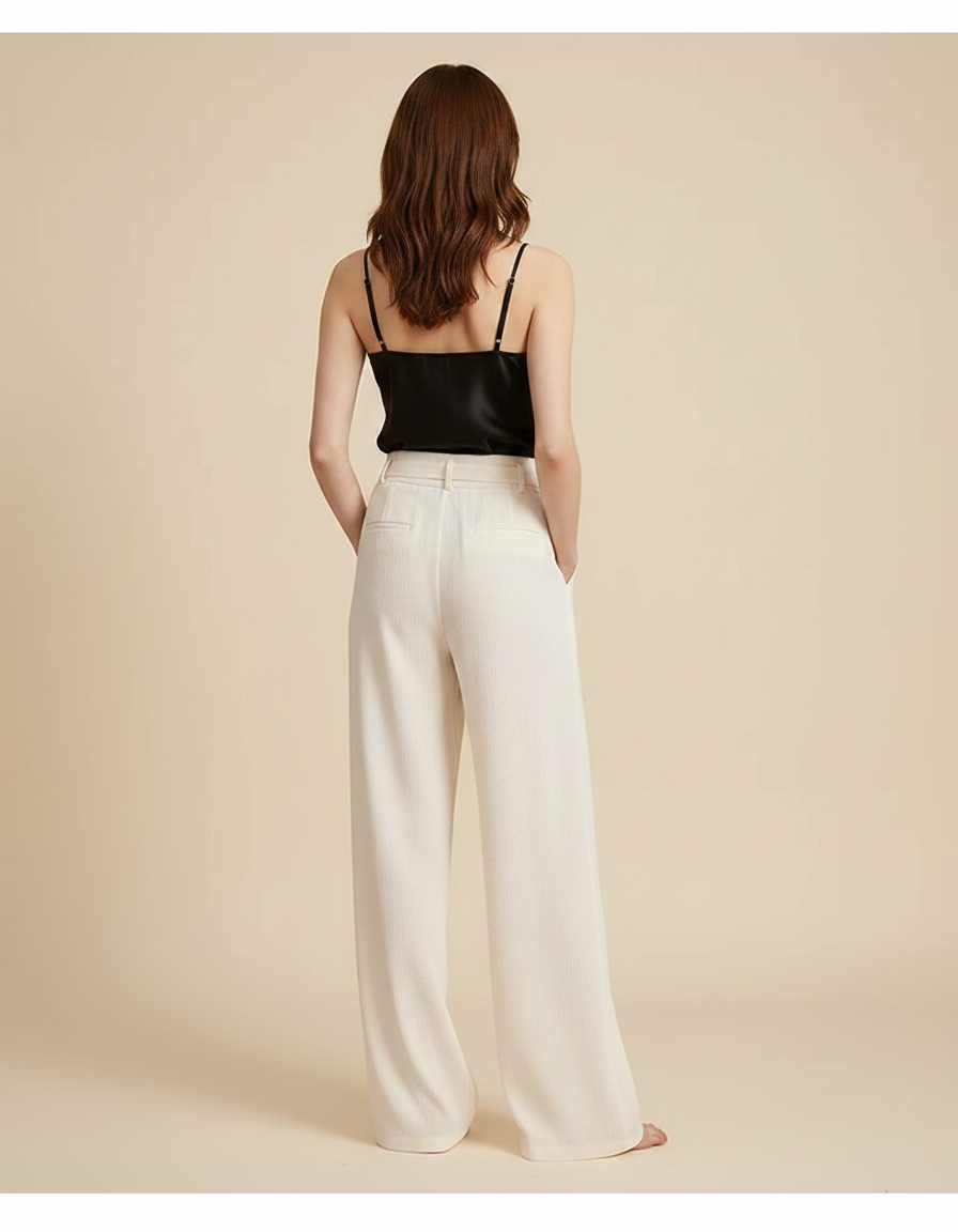 Pantalon Fluide Écru Ample Ceinturé Élégant Femme - Beige Viscose - vue 2