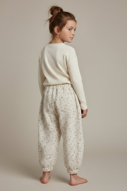 Pantalon Fluide Écru Imprimé Floral Bouffant Coton - Beige - vue 2