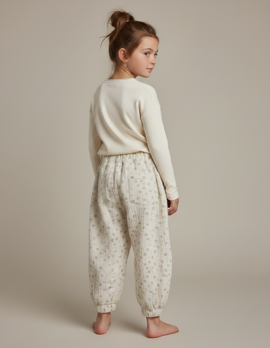 Pantalon Fluide Écru Imprimé Floral Bouffant Coton - Beige - vue 2