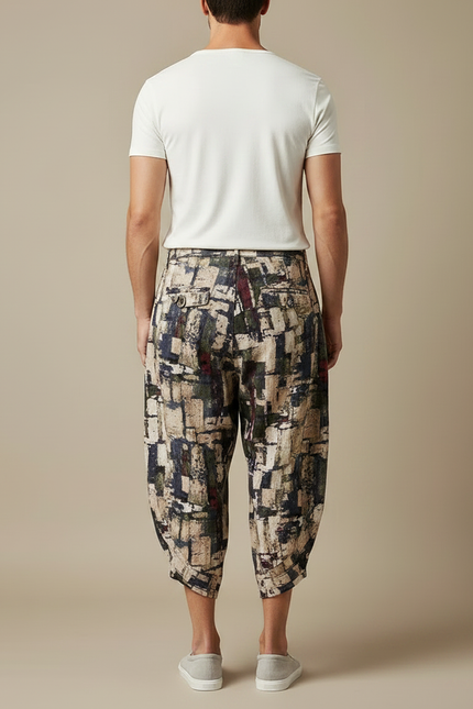 Pantalon Fluide Imprimé Géométrique Ample Coton Lin Harem - vue 2