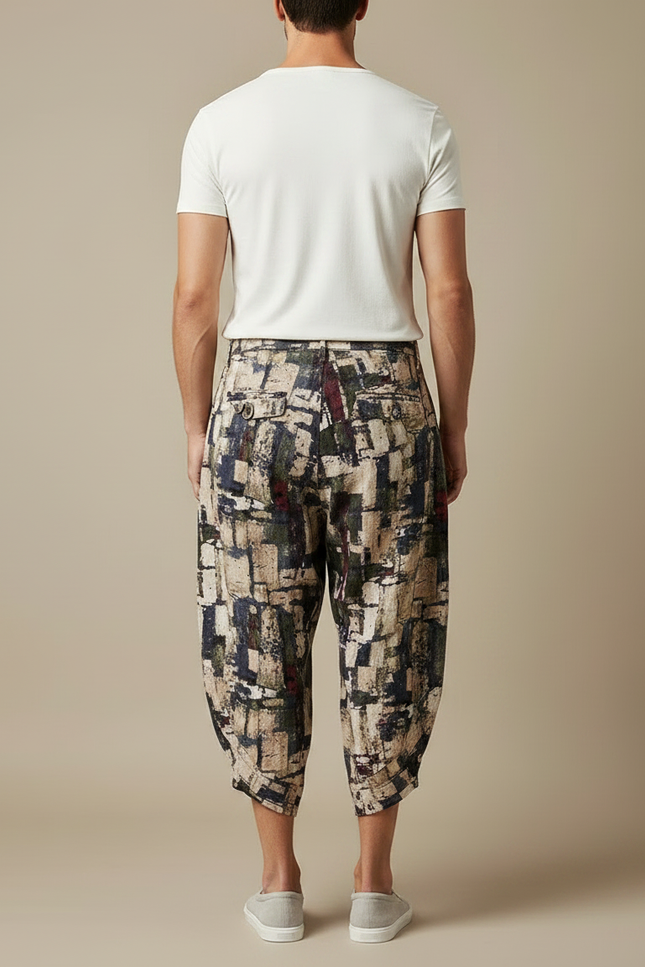 Pantalon Fluide Imprimé Géométrique Ample Coton Lin Harem - vue 2