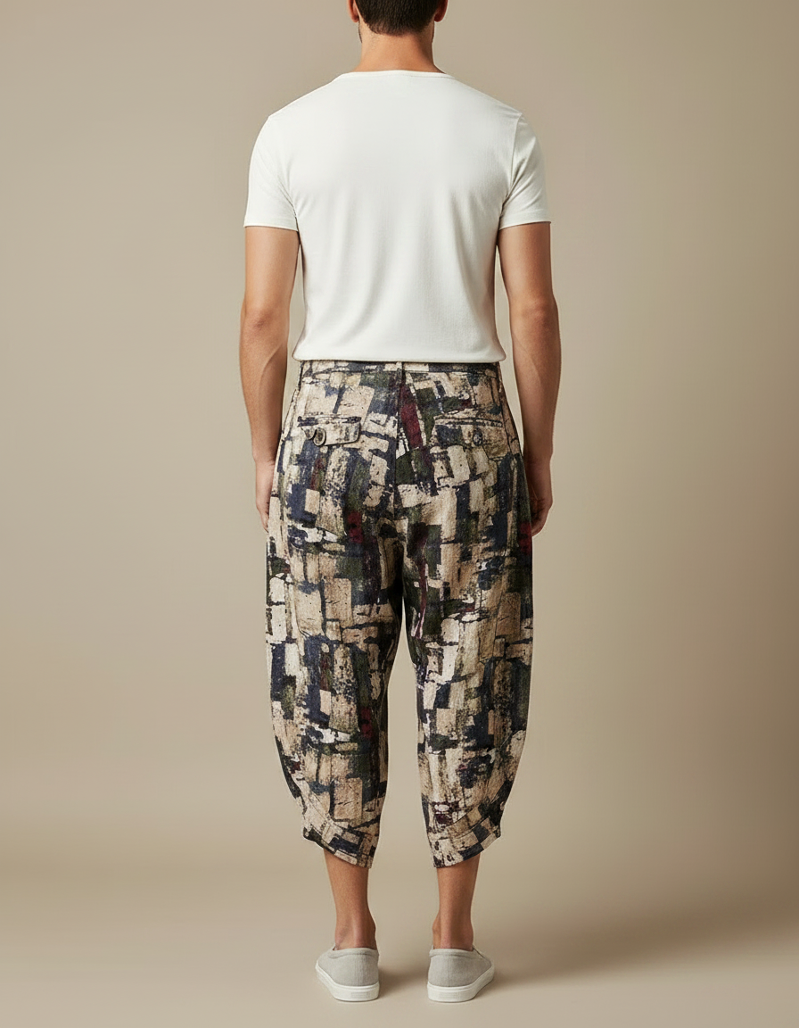 Pantalon Fluide Imprimé Géométrique Ample Coton Lin Harem - vue 2