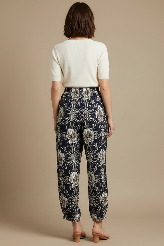 Pantalon Fluide Imprimé Floral Noir Ample Femme - Marine Viscose - vue 2