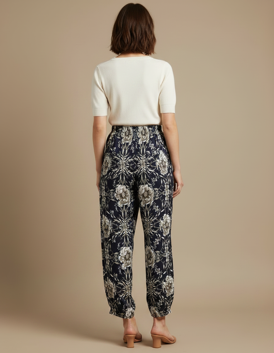Pantalon Fluide Imprimé Floral Noir Ample Femme - Marine Viscose - vue 2