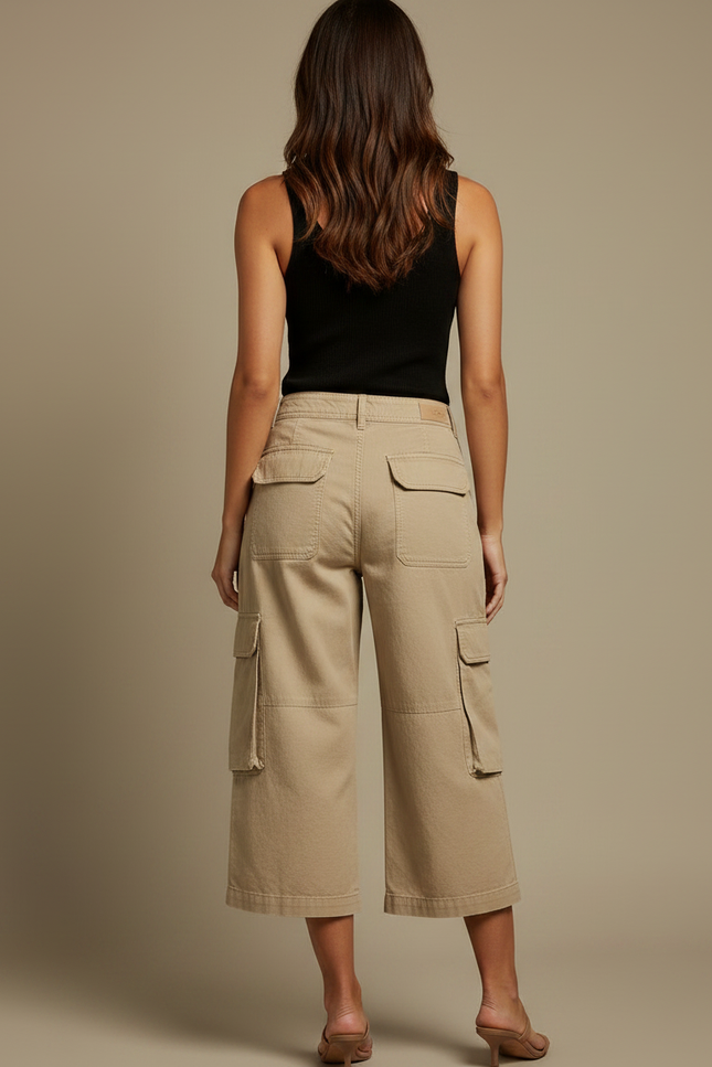 Pantalon Fluide Cargo Beige Coton Ample Court - Toile - vue 2