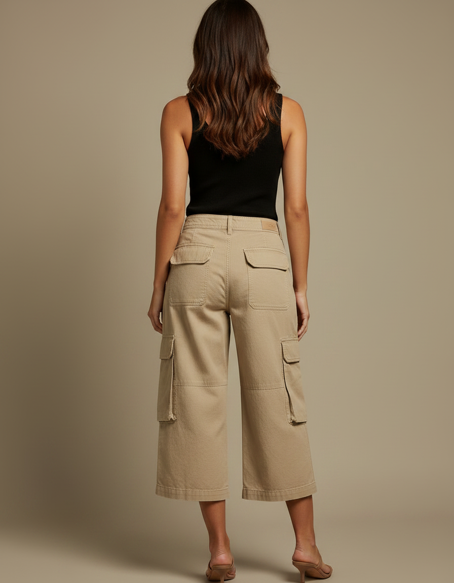 Pantalon Fluide Cargo Beige Coton Ample Court - Toile - vue 2