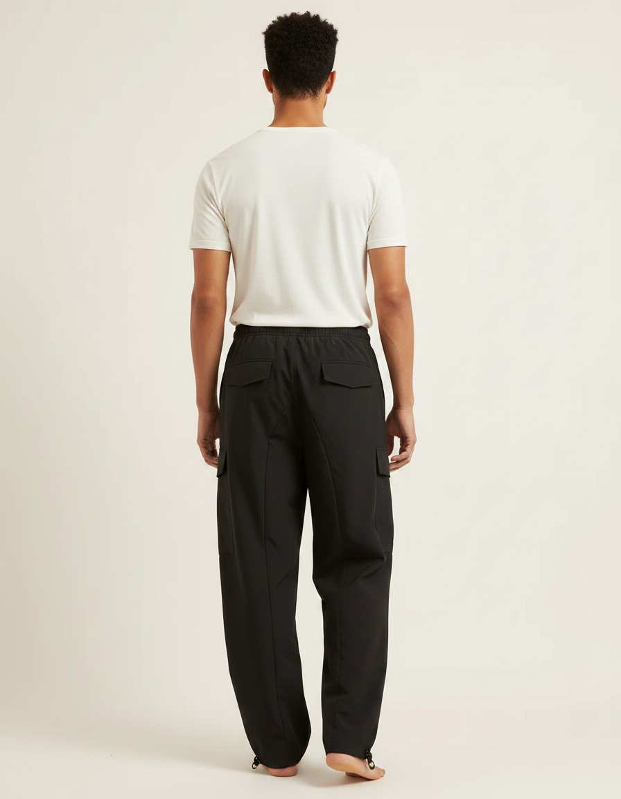 Pantalon Fluide Noir Ample Cargo Cordon Décontracté Homme - Polyester - vue 2