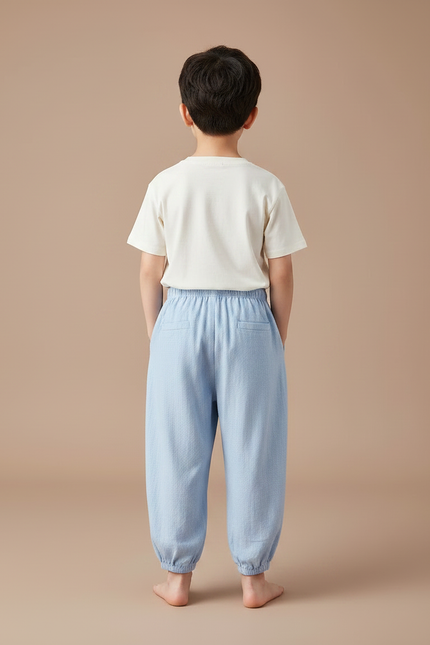 Pantalon Fluide Bleu Coton Ample Brodé Unisexe - Lin - vue 2