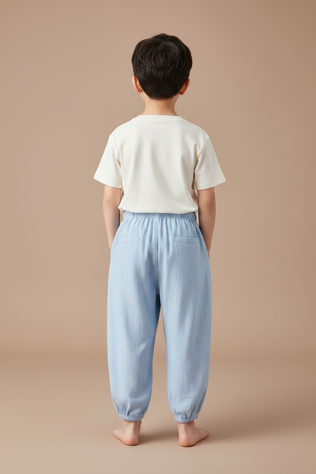 Pantalon Fluide Bleu Coton Ample Brodé Unisexe - Lin - vue 2