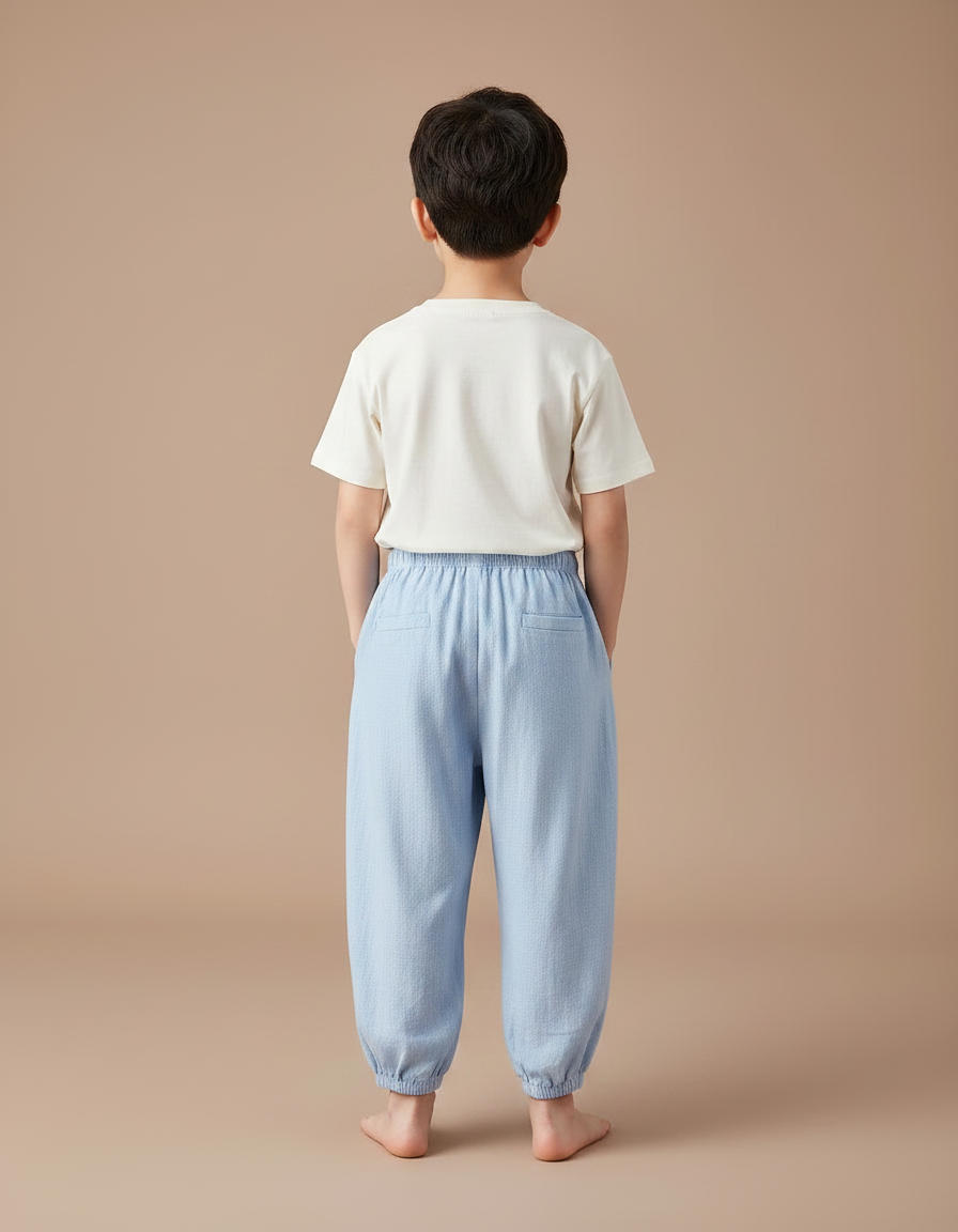 Pantalon Fluide Bleu Coton Ample Brodé Unisexe - Lin - vue 2