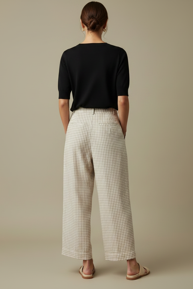 Pantalon Fluide Carreaux Vichy Ample Beige Confortable - Lin - vue 2