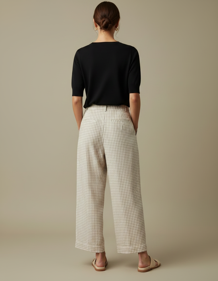 Pantalon Fluide Carreaux Vichy Ample Beige Confortable - Lin - vue 2