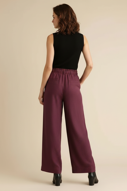 Pantalon Fluide Bordeaux Ample Cordon Lin Femme - vue 2