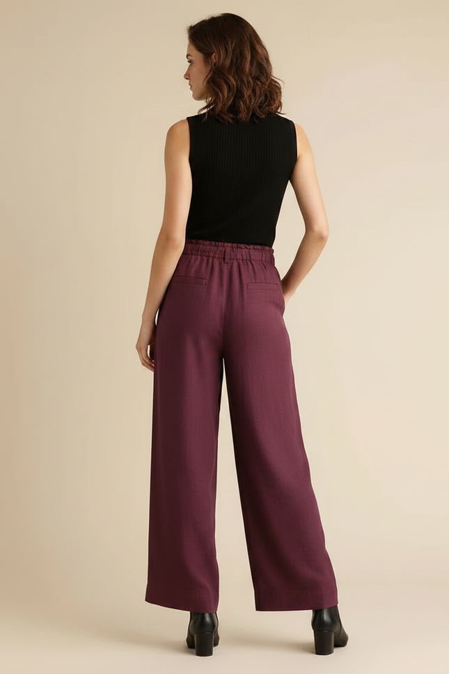 Pantalon Fluide Bordeaux Ample Cordon Lin Femme - vue 2