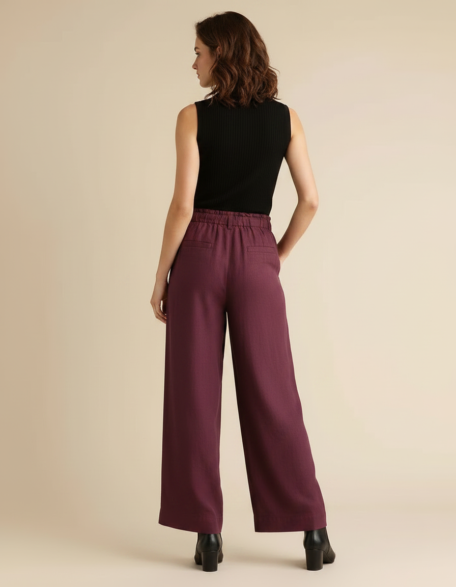 Pantalon Fluide Bordeaux Ample Cordon Lin Femme - vue 2