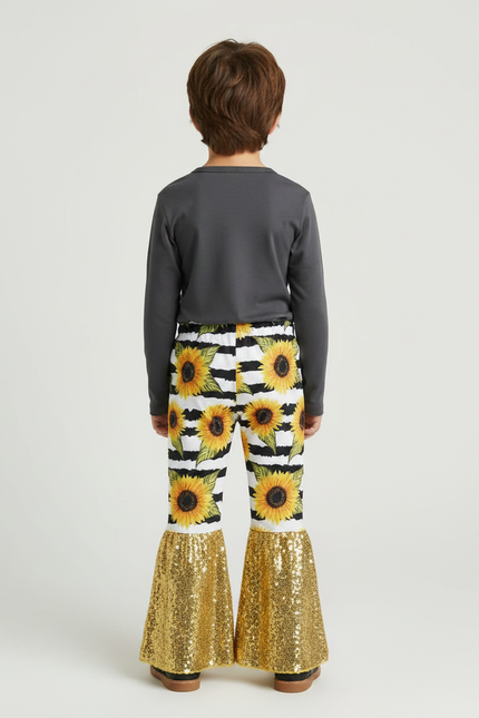 Pantalon Fluide Évasé Rayé Tournesols Paillettes Dorées Enfant - Multicolore Polyester - vue 2