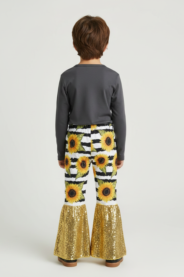 Pantalon Fluide Évasé Rayé Tournesols Paillettes Dorées Enfant - Multicolore Polyester - vue 2