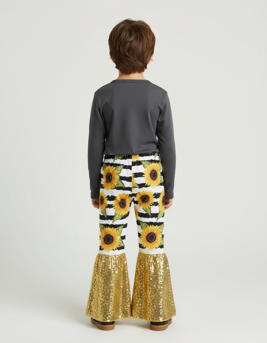 Pantalon Fluide Évasé Rayé Tournesols Paillettes Dorées Enfant - Multicolore Polyester - vue 2