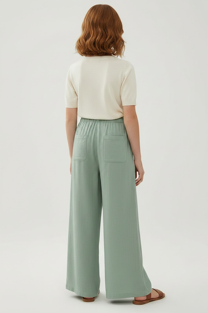 Pantalon Fluide Vert Ample Lin Décontracté Taille Élastique - vue 2