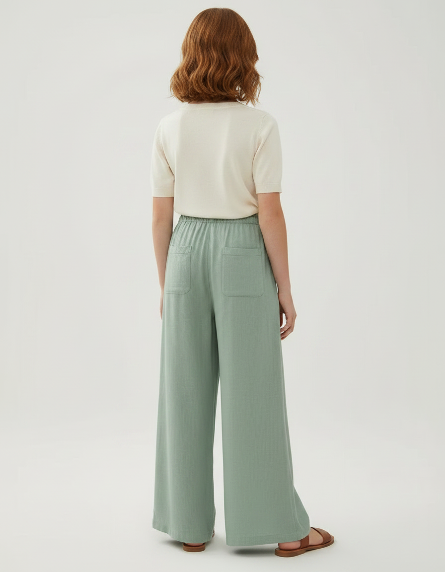 Pantalon Fluide Vert Ample Lin Décontracté Taille Élastique - vue 2