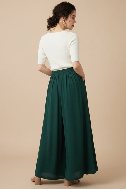 Pantalon Fluide Vert Émeraude Ample Taille Élastiquée Élégant - Viscose - vue 2